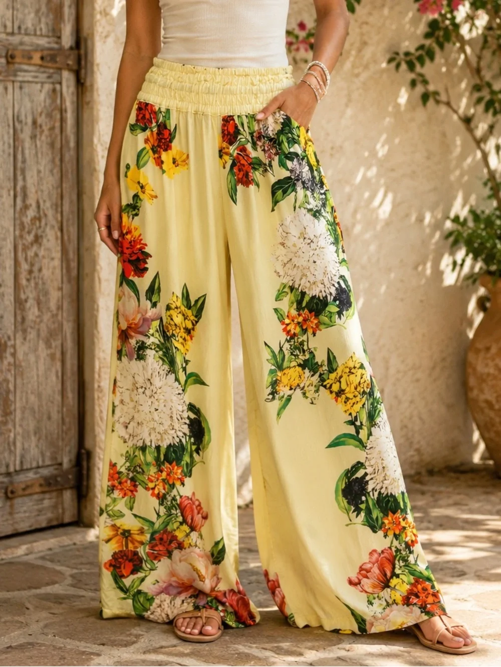 Anthropologie XS Floral Palazzo Pants Yellow Wide Leg Smocked Boho Resort Breezy